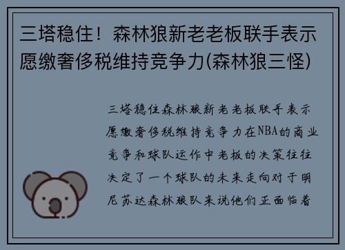 三塔稳住！森林狼新老老板联手表示愿缴奢侈税维持竞争力(森林狼三怪)