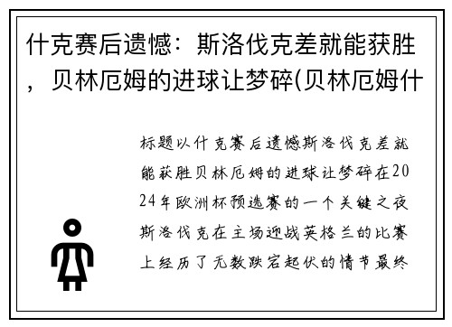 什克赛后遗憾：斯洛伐克差就能获胜，贝林厄姆的进球让梦碎(贝林厄姆什么位置)