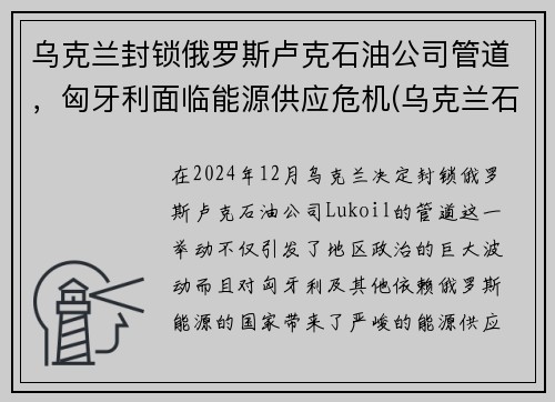 乌克兰封锁俄罗斯卢克石油公司管道，匈牙利面临能源供应危机(乌克兰石油储量)